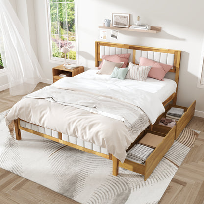Oxylife Queen Size Bed Frame Fabric Headboard,Upholstered Wood Platform Bed Frame,12 Slats,Natural & Grey, 83.4”L x 63.9”W x 42.1”H