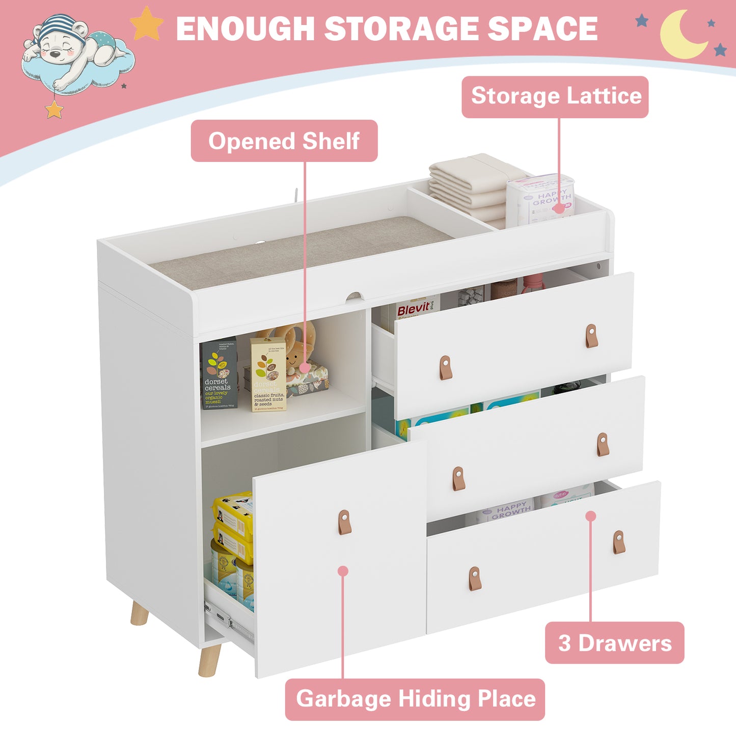OXYLIFE Baby Nursery Changing Table Dresser with 3 Drawers and Shelf for Nursery Room, White