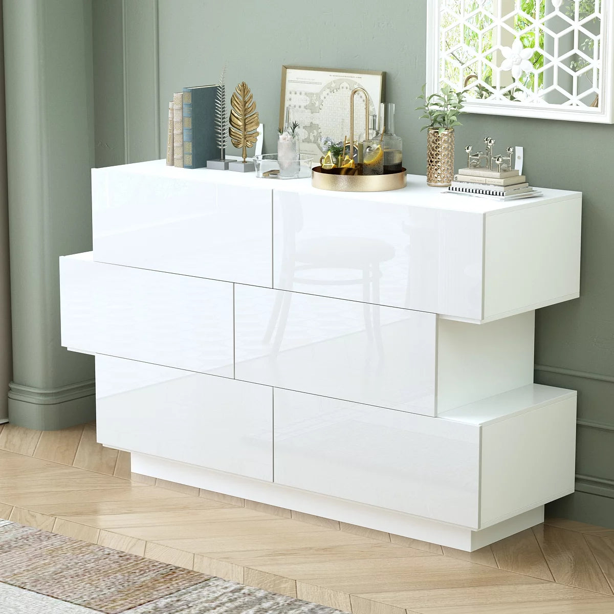 Modern 6 Drawer Dresser Storage, Stylish Shape Wood Chest of Drawer Chest for Bedroom Living Room, White Glossy Finish