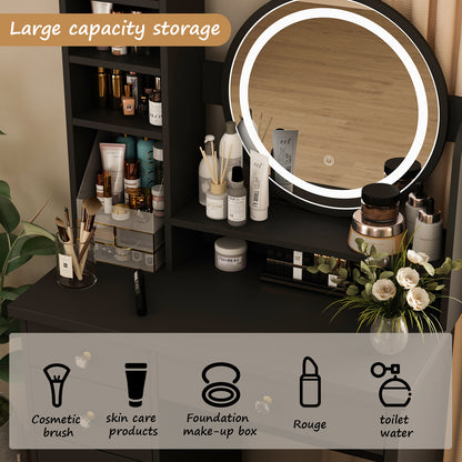 Oxylife Black Makeup Vanity Dressing Table with Mirror, 5 Drawers and Shelves (Round Lighted Mirror )