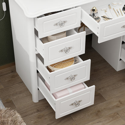 Oxylife Vanity Desk with Lighted Mirror, Makeup Dressing Table with 9 Drawer and Drawer Divier for Bedroom