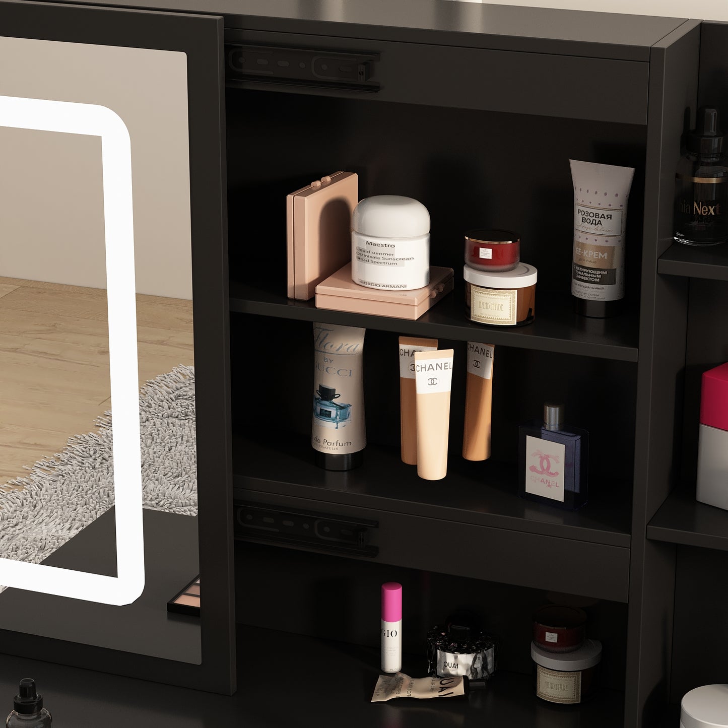 Oxylife Makeup Vanity Table Set with Sliding Lighted Mirror, 5 Drawers and Storage Shelves, Dressing Table Desk with Stool,Black