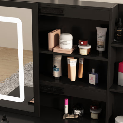 Oxylife Makeup Vanity Table Set with Sliding Lighted Mirror, 5 Drawers and Storage Shelves, Dressing Table Desk with Stool,Black
