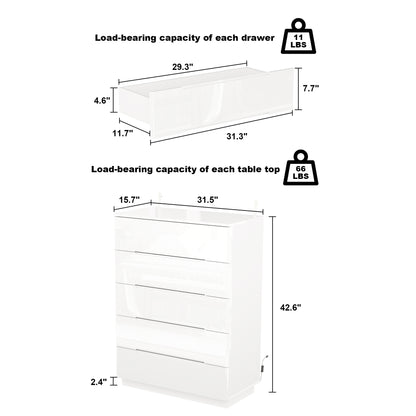 OXYLIFE 5 Drawer Dresser Chest with LED Light for Bedroom and Living Room, White Glossy Finish