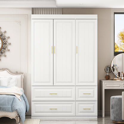 Oxylife Wardrobe Armoire Closet with 4 Drawers and Clothing Rod for Bedroom in White