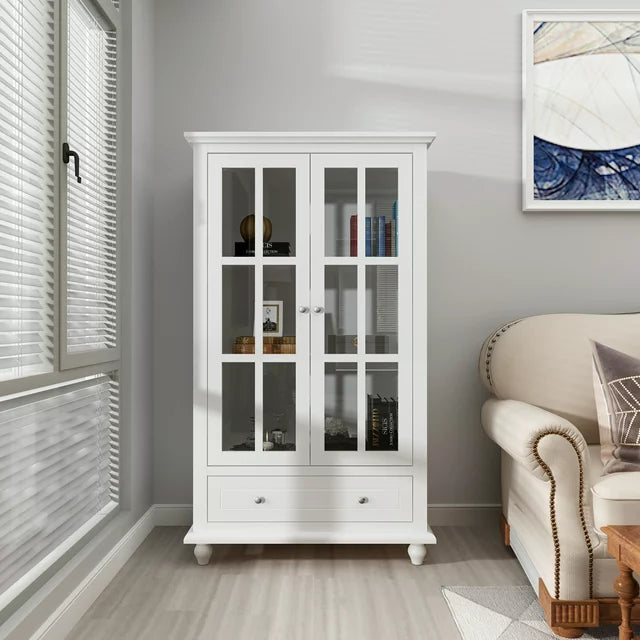 55" H White Bookcase with Glass Doors, Display Cabinet Wooden Bookshelf Organizer with Drawer for Home Office Living Room