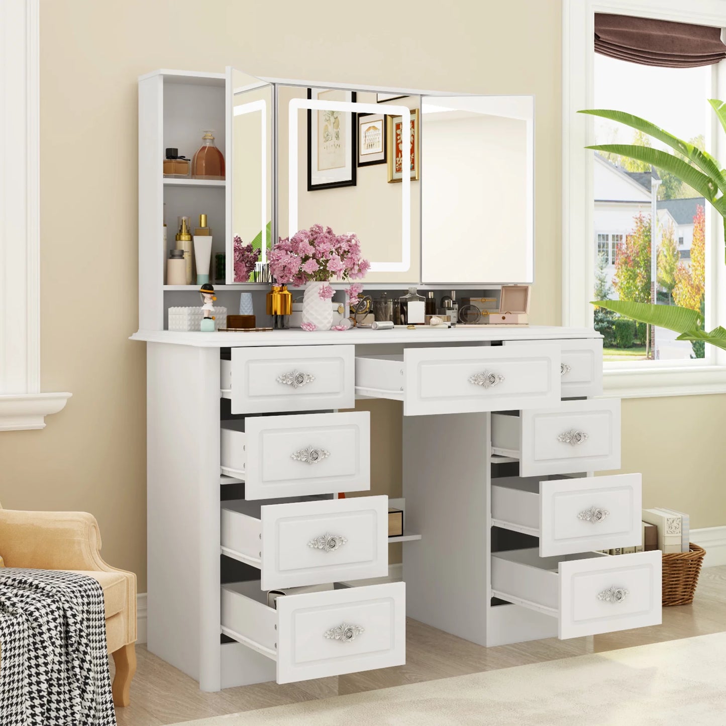 OXYLIFE Vanity Desk with Lighted Mirror, Makeup Dressing Table with 9 Drawer and Drawer Divier for Bedroom