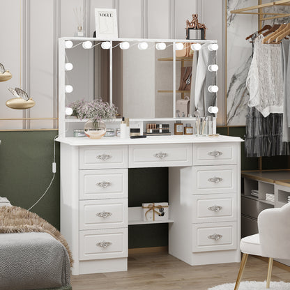 Oxylife Vanity Desk with Lighted Mirror, Makeup Dressing Table with 9 Drawer and Drawer Divier for Bedroom