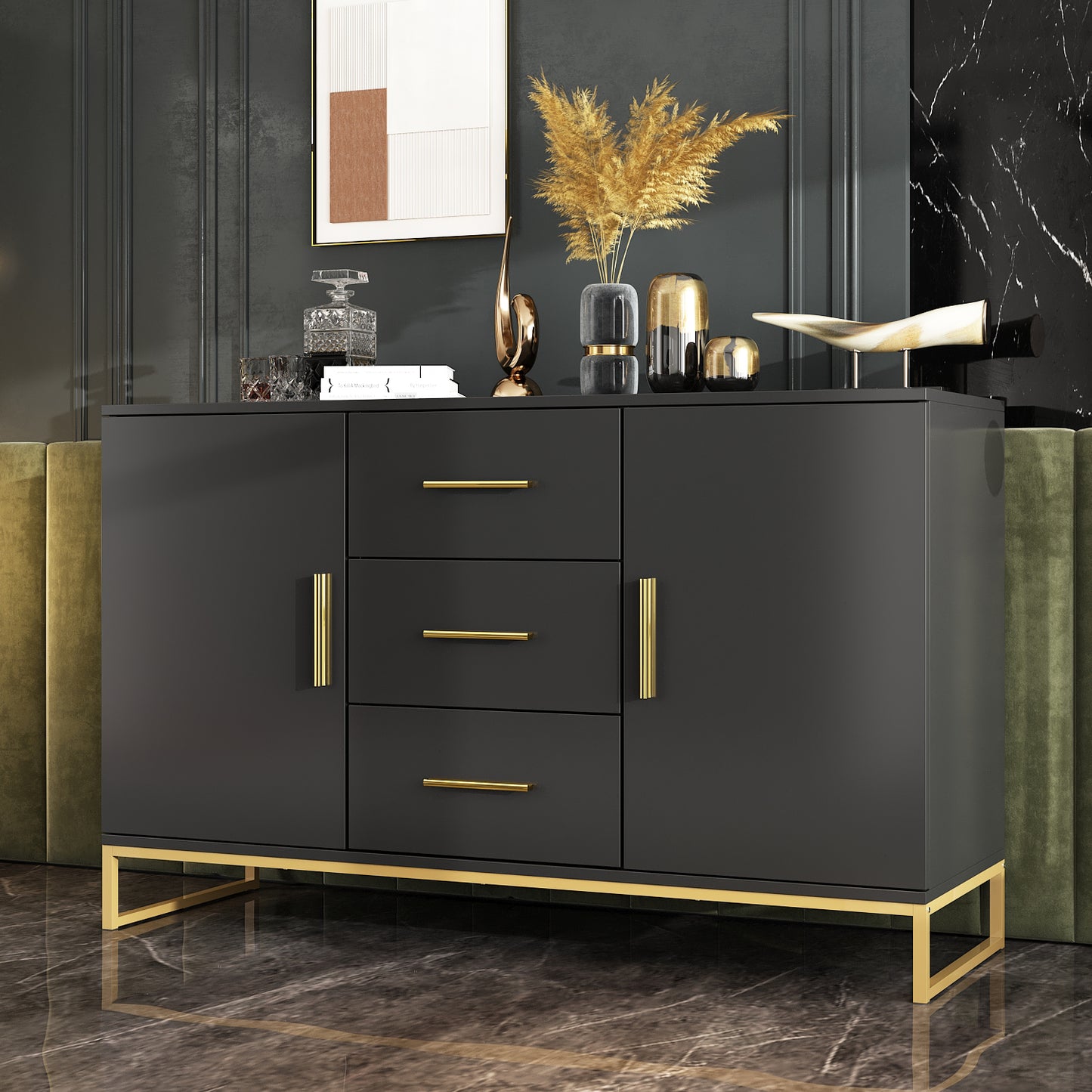 OXYLIFE Kitchen Buffet Sideboard, Black Storage Cabinet with 3 Drawers for Living Room Kitchen, 47.2" Wide