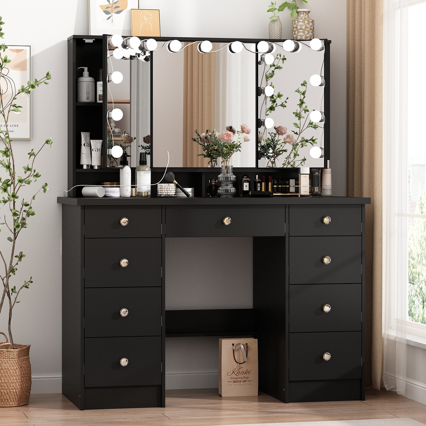 OXYLIFE Makeup Vanity Desk with Mirror and 3 Color Lights and 9 Drawers for Bedroom, Black