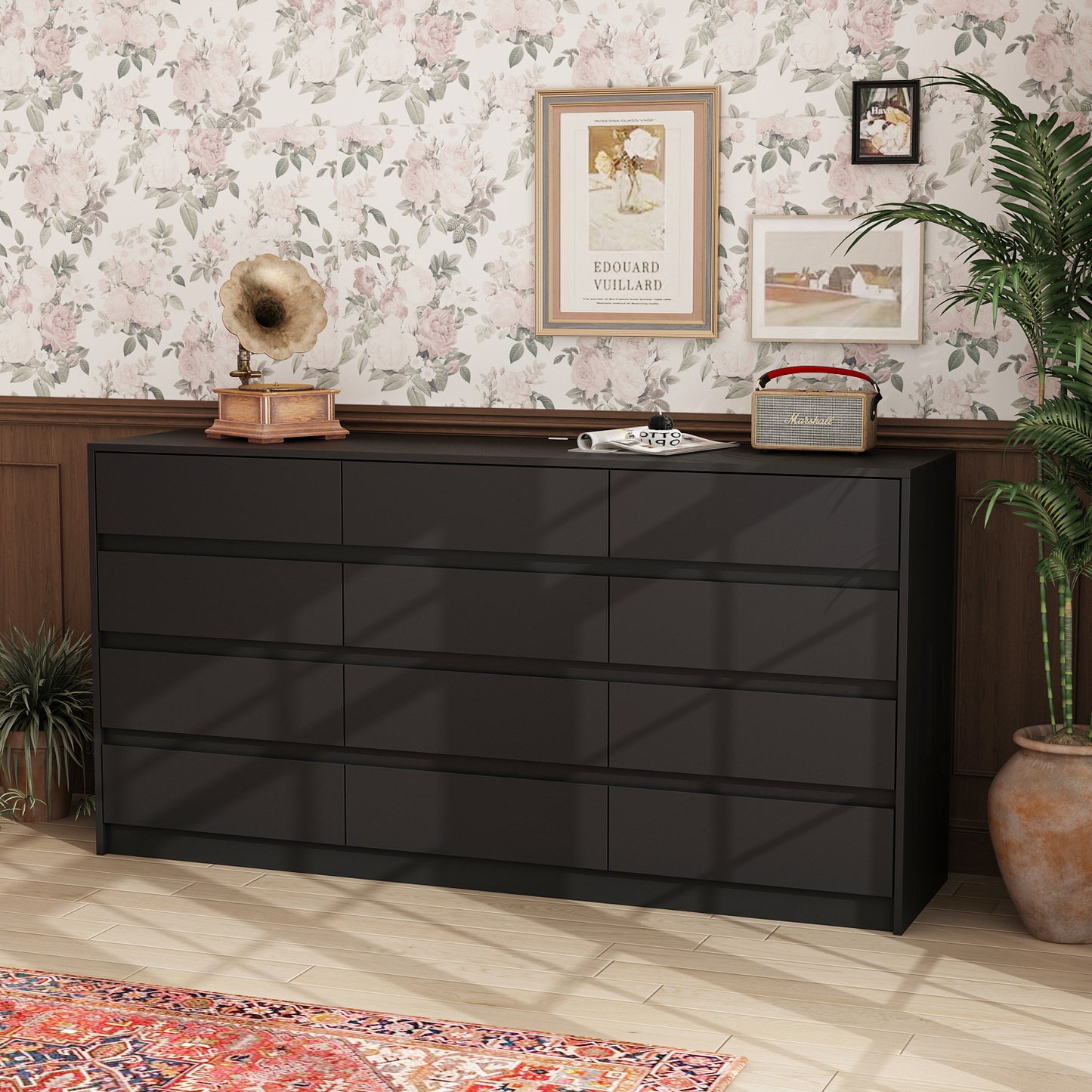 Oxylife Modern 12-Drawer Dresser with Large Storage, Side Cabinet for Bedroom/Living Room, Black