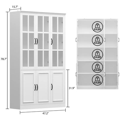 OXYLIFE 78.7" H Bookcase Display Storage Cabinet with Glass Door and 10 Shelves for Home Office (47.2" Wide, MDF)