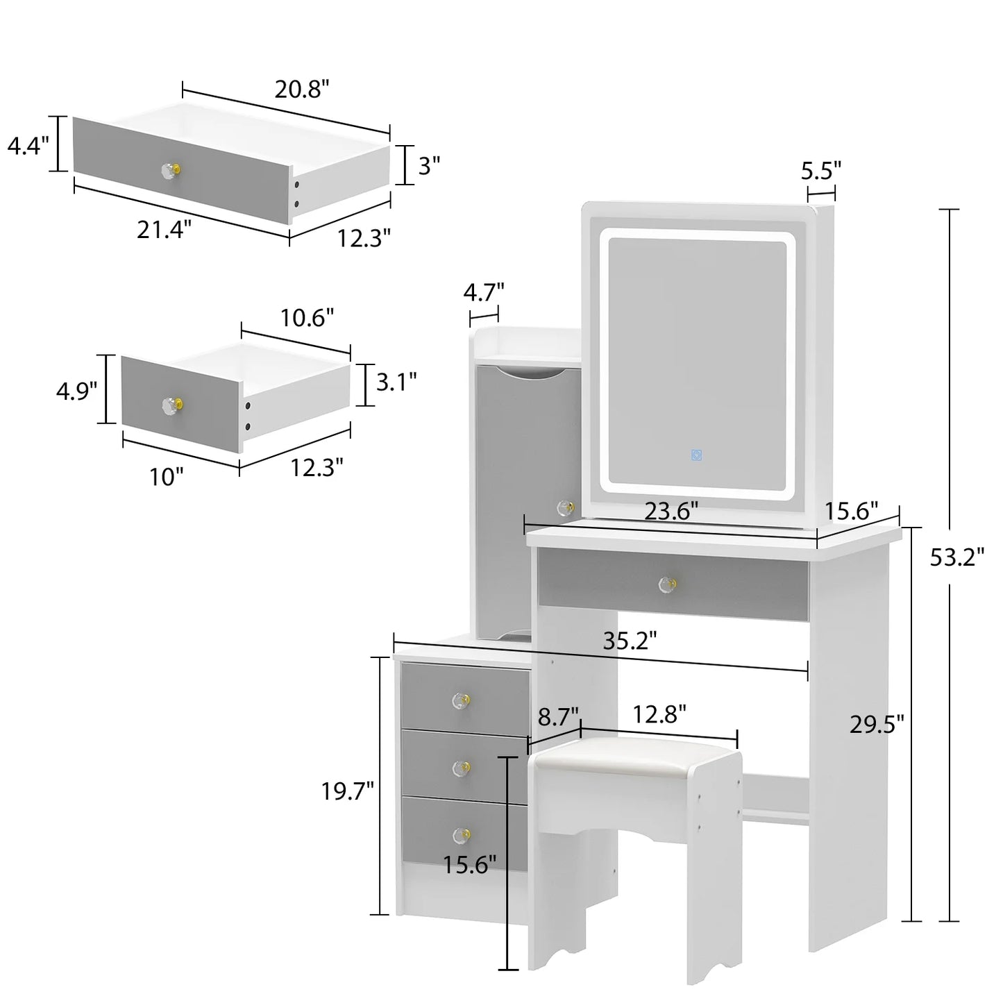 Makeup Vanity Dressing Table with Sliding Lighted Mirror, 4 Drawers and Shelves, Dresser Desk with Cushioned Stool for Women Girl, White&Gray