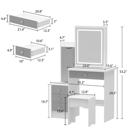 Makeup Vanity Dressing Table with Sliding Lighted Mirror, 4 Drawers and Shelves, Dresser Desk with Cushioned Stool for Women Girl, White&Gray