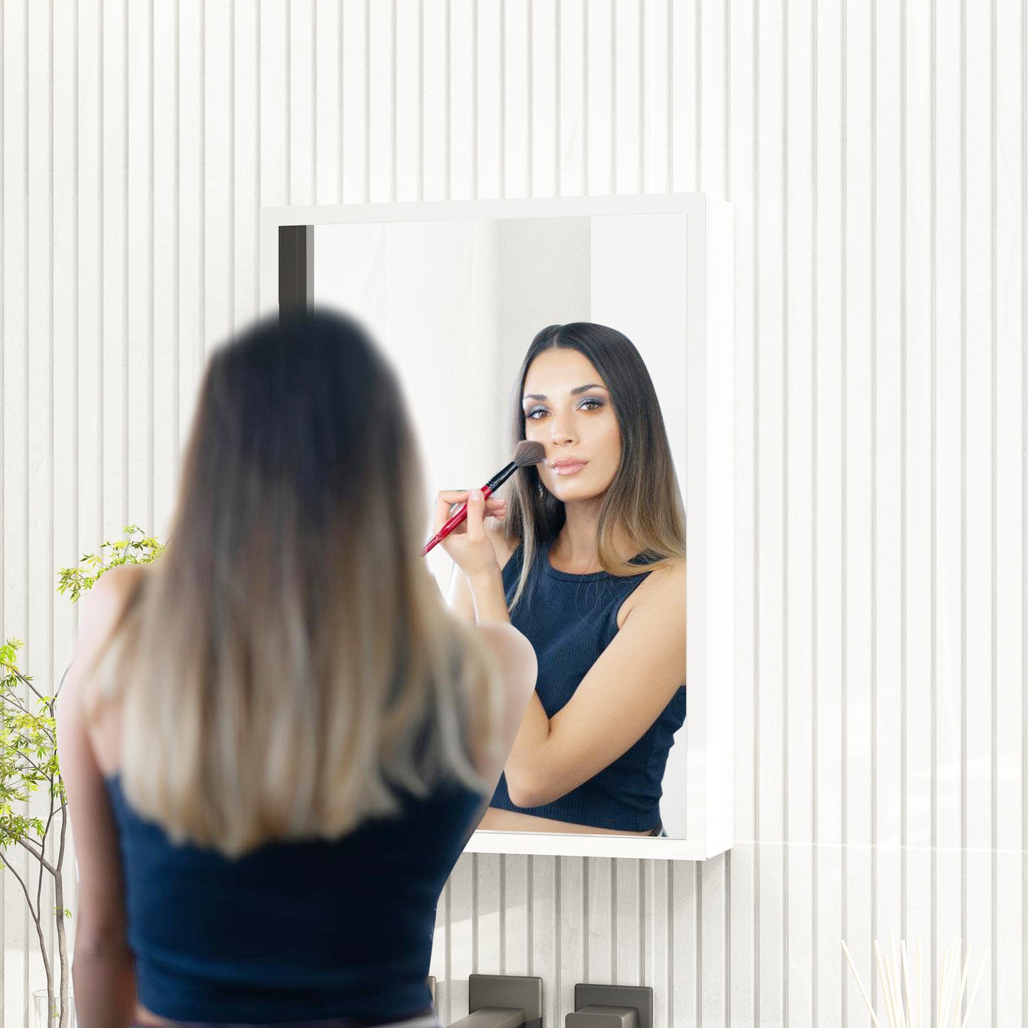 OXYLIFE Wall Mounted Mirror Medicine Cabinet with 3 Color LED Lights, Defogger and Door for Bathroom, White