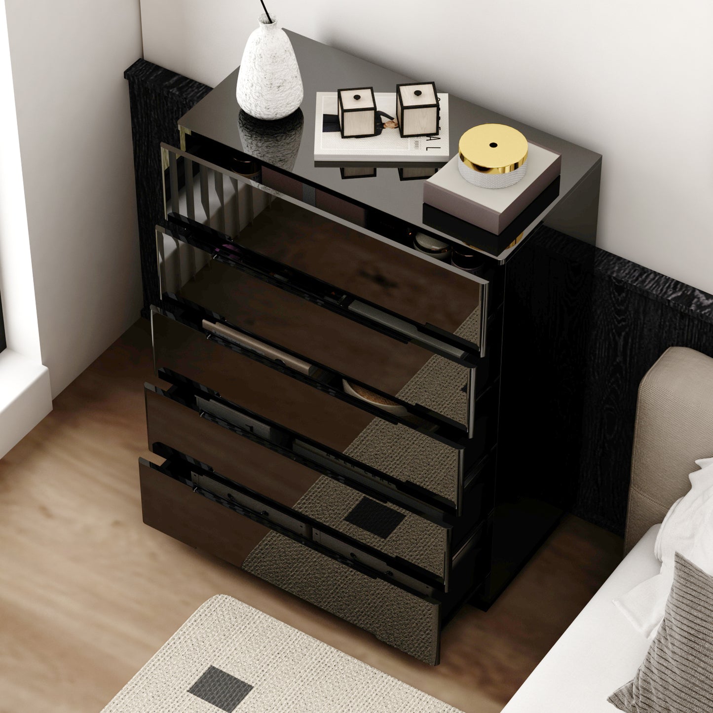 OXYLIFE 5 Drawer Dresser Chest with LED Light for Bedroom and Living Room, Black Glossy Finish