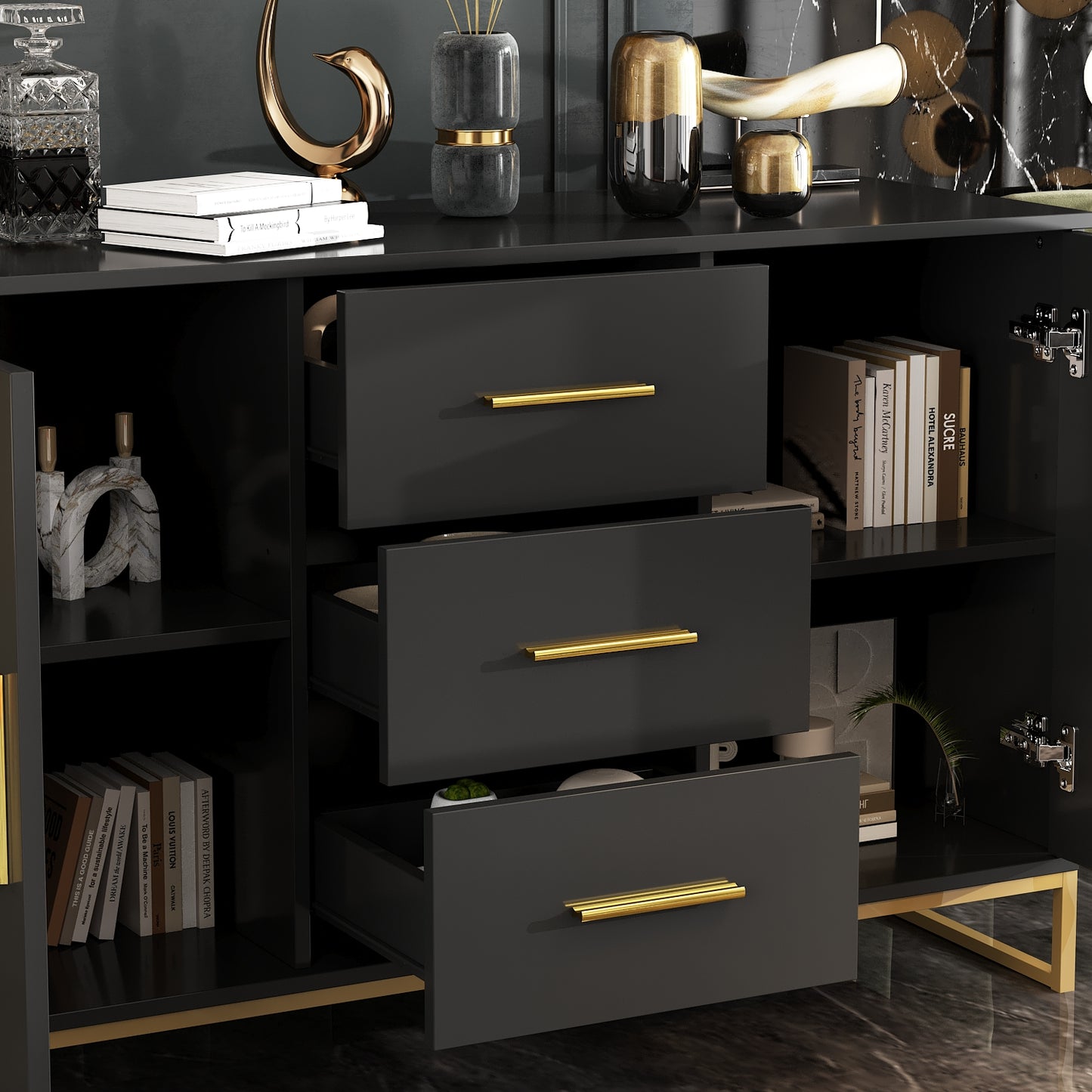 OXYLIFE Kitchen Buffet Sideboard, Black Storage Cabinet with 3 Drawers for Living Room Kitchen, 47.2" Wide