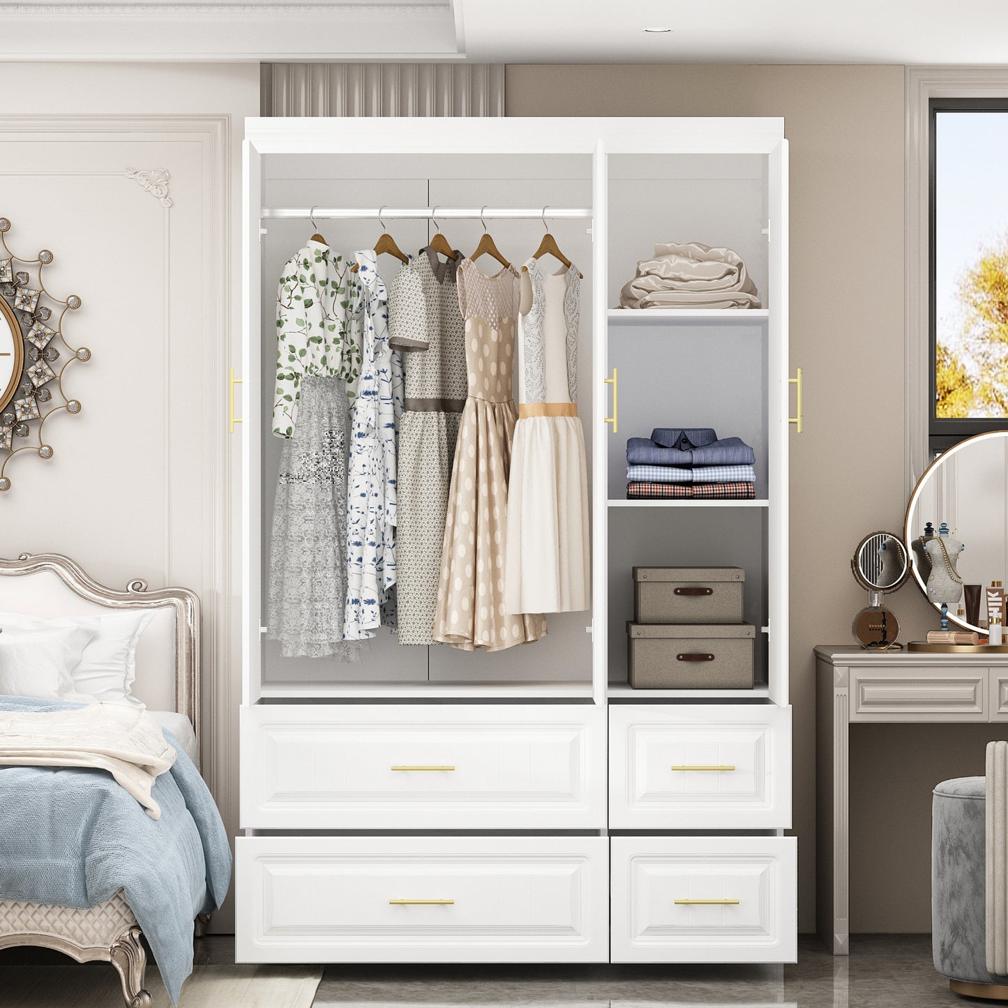 Oxylife Wardrobe Armoire Closet with 4 Drawers and Clothing Rod for Bedroom in White