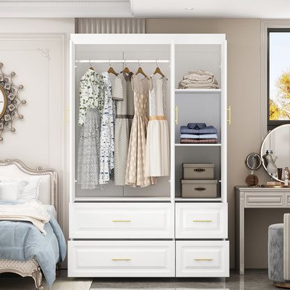 Oxylife Wardrobe Armoire Closet with 4 Drawers and Clothing Rod for Bedroom in White