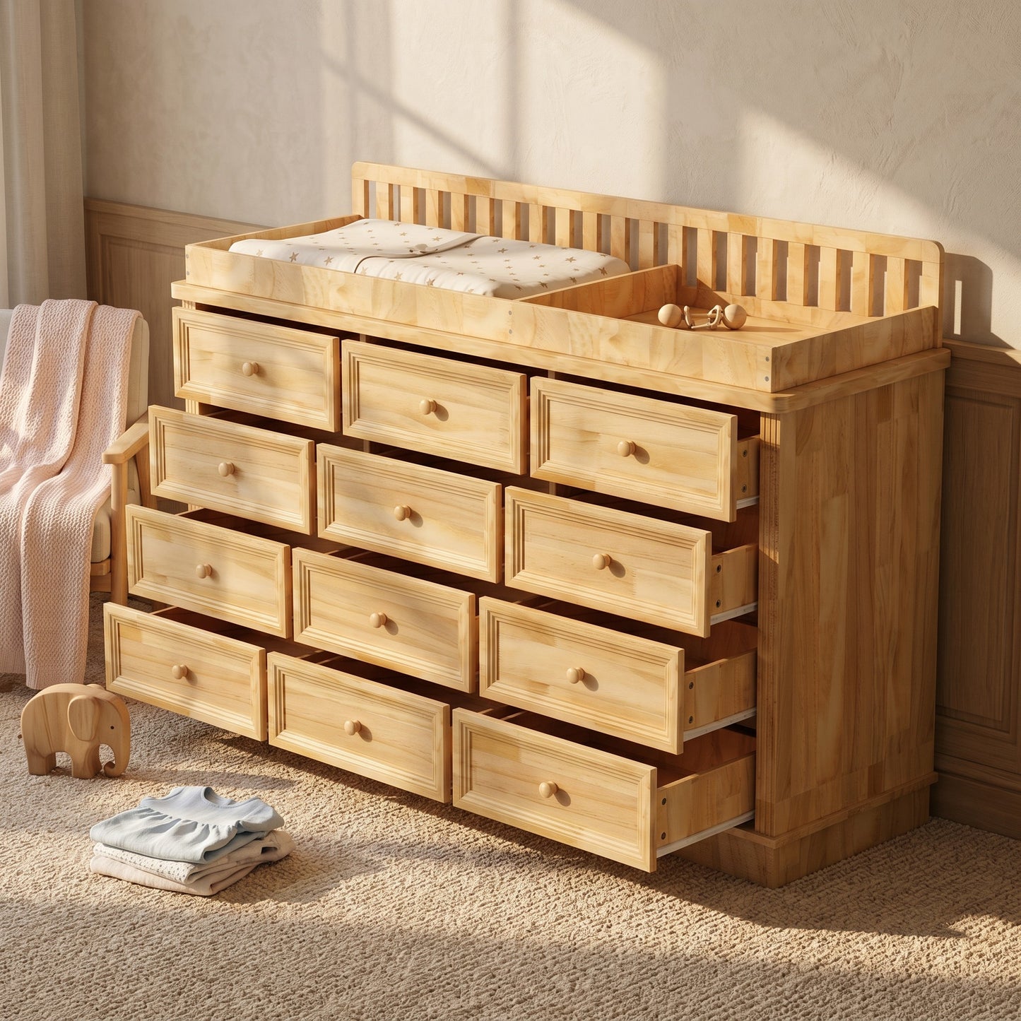 OXYLIFE Baby Changing Table Dresser, 100% Solid Wood Infant Diaper Changing Station Combo, 12-Drawer Dresser with Removable Tray for Nursery Bedroom, Nature Color 55.1" W