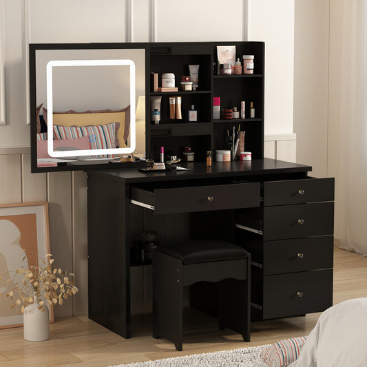 Oxylife Makeup Vanity Table Set with Sliding Lighted Mirror, 5 Drawers and Storage Shelves, Dressing Table Desk with Stool,Black