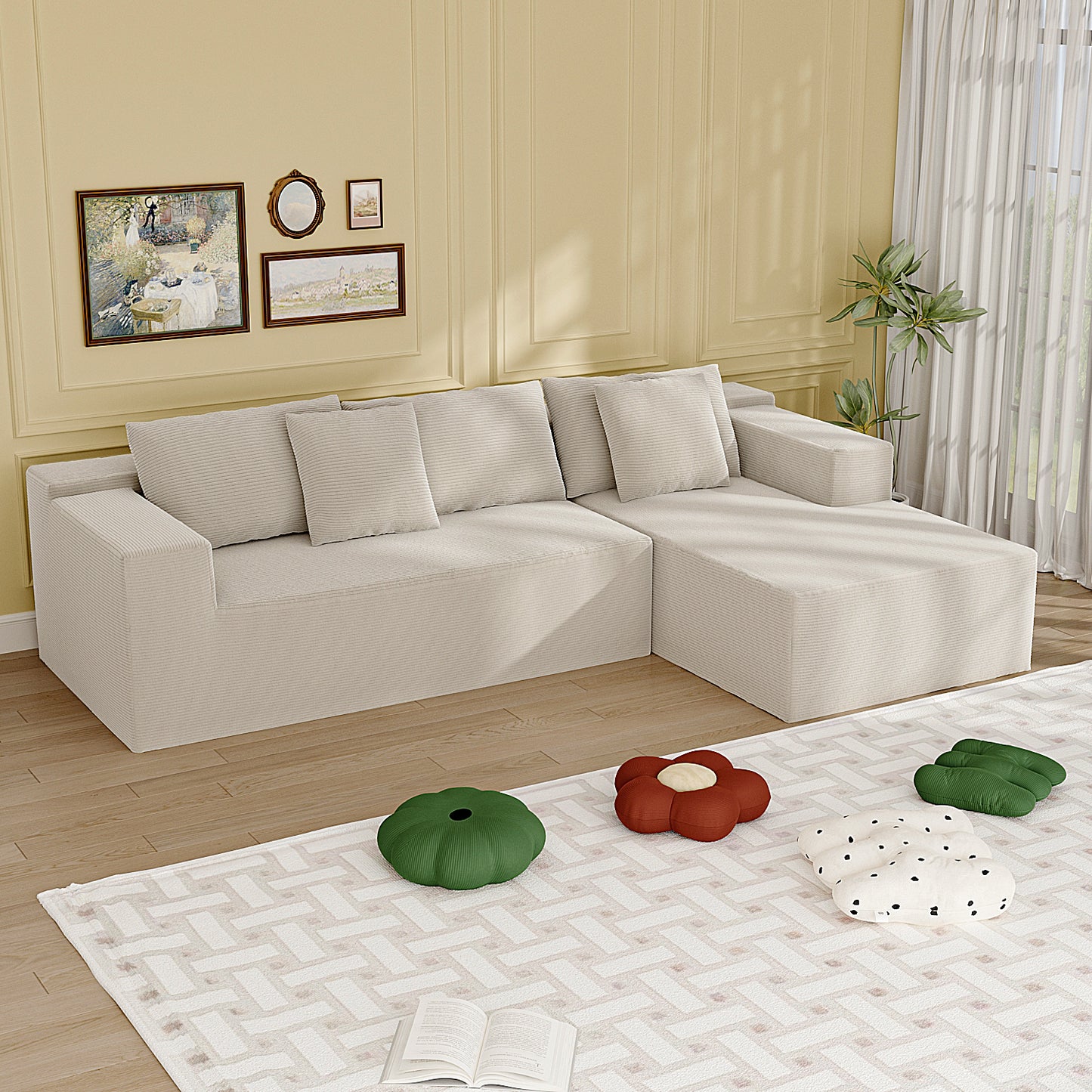 OXYLIFE L-Shaped Boneless Couch,106" Couches for Living Room with Curved Chaise,Modular Sectional Sofa with Deep Seat,Modern No Assembly Required Sofas,Beige,1PCS