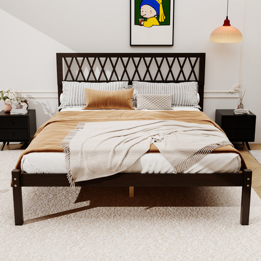 Oxylife Queen Size Solid Wood Platform Bed Frame with Vintage Headboard,12 Slats,Deep Walnut, 83.8”L x 63.2”W x 41.1”H