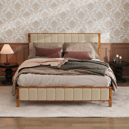 Oxylife Queen Size Bed Frame with Velvet Headboard,Upholstered Wood Platform Bed Frame,12 Slats,Walnut & Beige, 85.2”L x 62.8”W x 41”H
