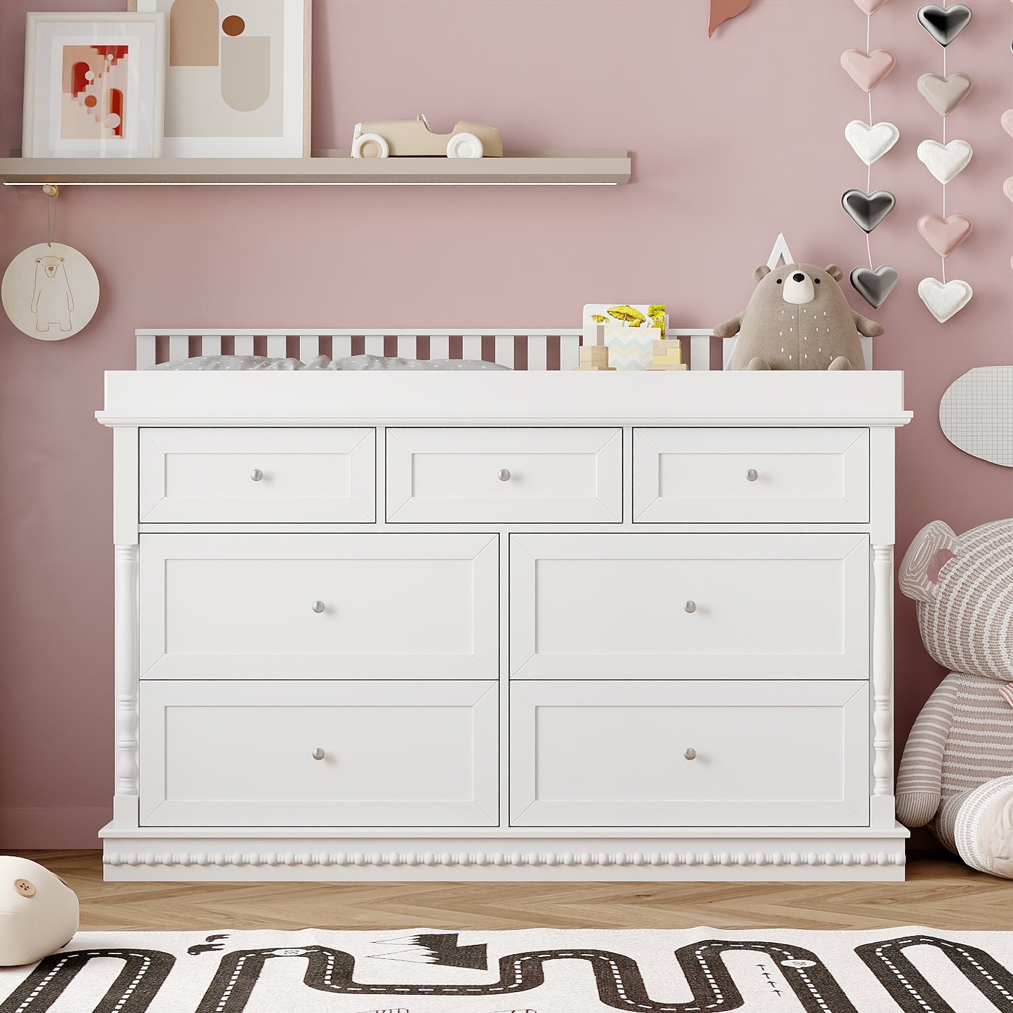 Oxylife Baby Dresser with Changing Table Top for Nursery with 7 Storage Drawers for Kids Bedroom,White