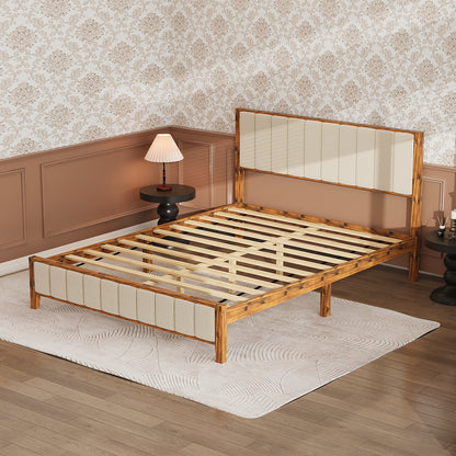 Oxylife Queen Size Bed Frame with Velvet Headboard,Upholstered Wood Platform Bed Frame,12 Slats,Walnut & Beige, 85.2”L x 62.8”W x 41”H