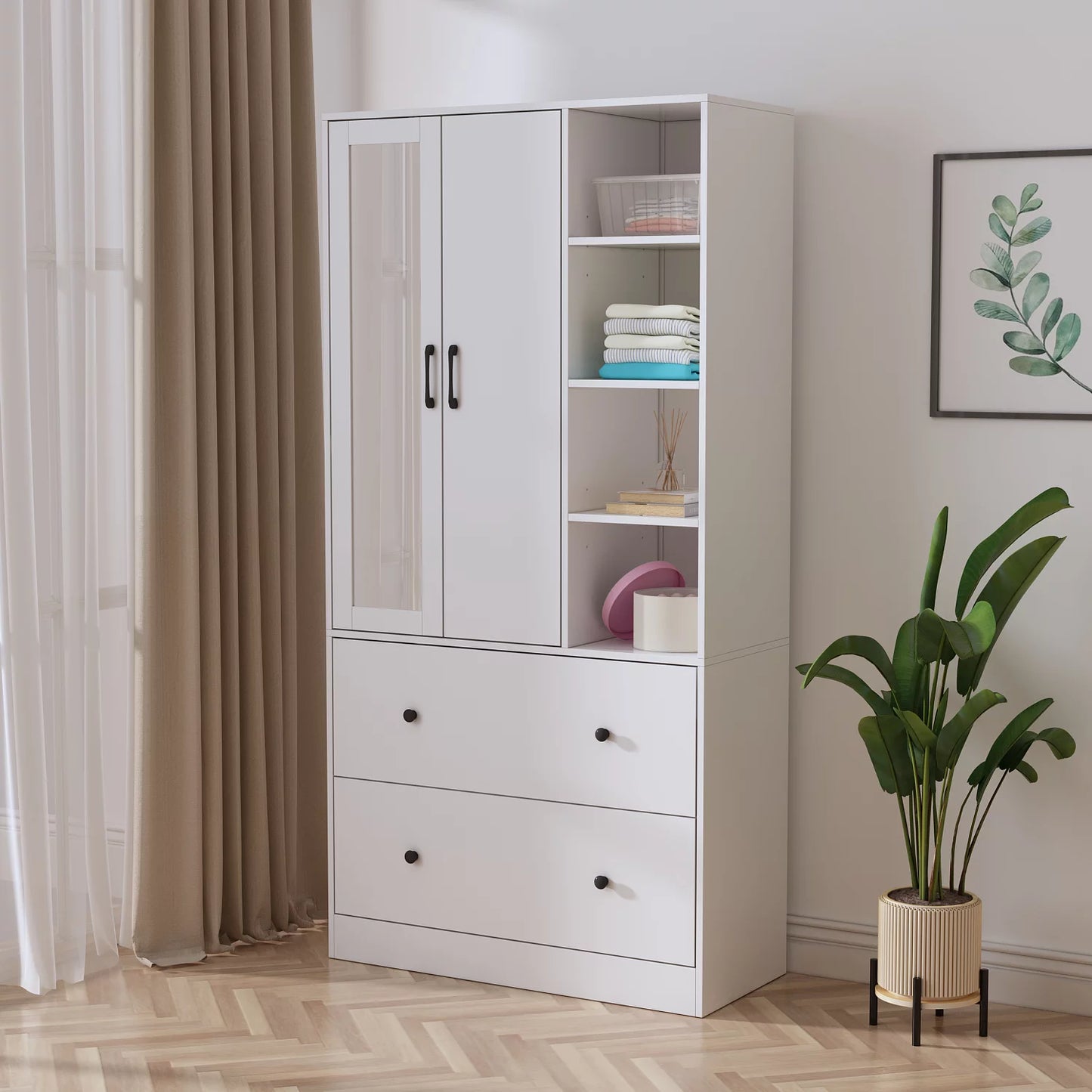 OXYLIFE 2 Door Wardrobe Armoire, White Closet Storage Organizer with Two Drawers, Telescopic Clothing Rod and Shelves for Bedroom