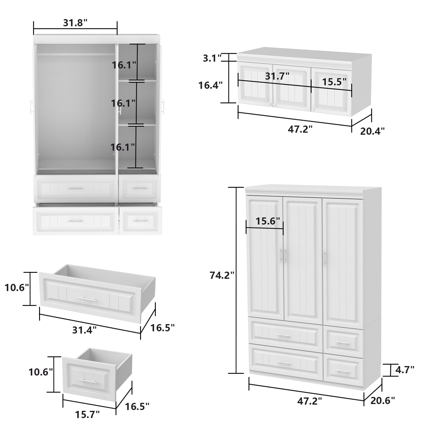 Oxylife Wardrobe Armoire with Hutch and Drawers, Bedroom Armoire, Contemporary, White