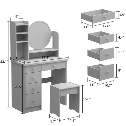Oxylife Black Makeup Vanity Dressing Table with Mirror, 5 Drawers and Shelves (Round Lighted Mirror )