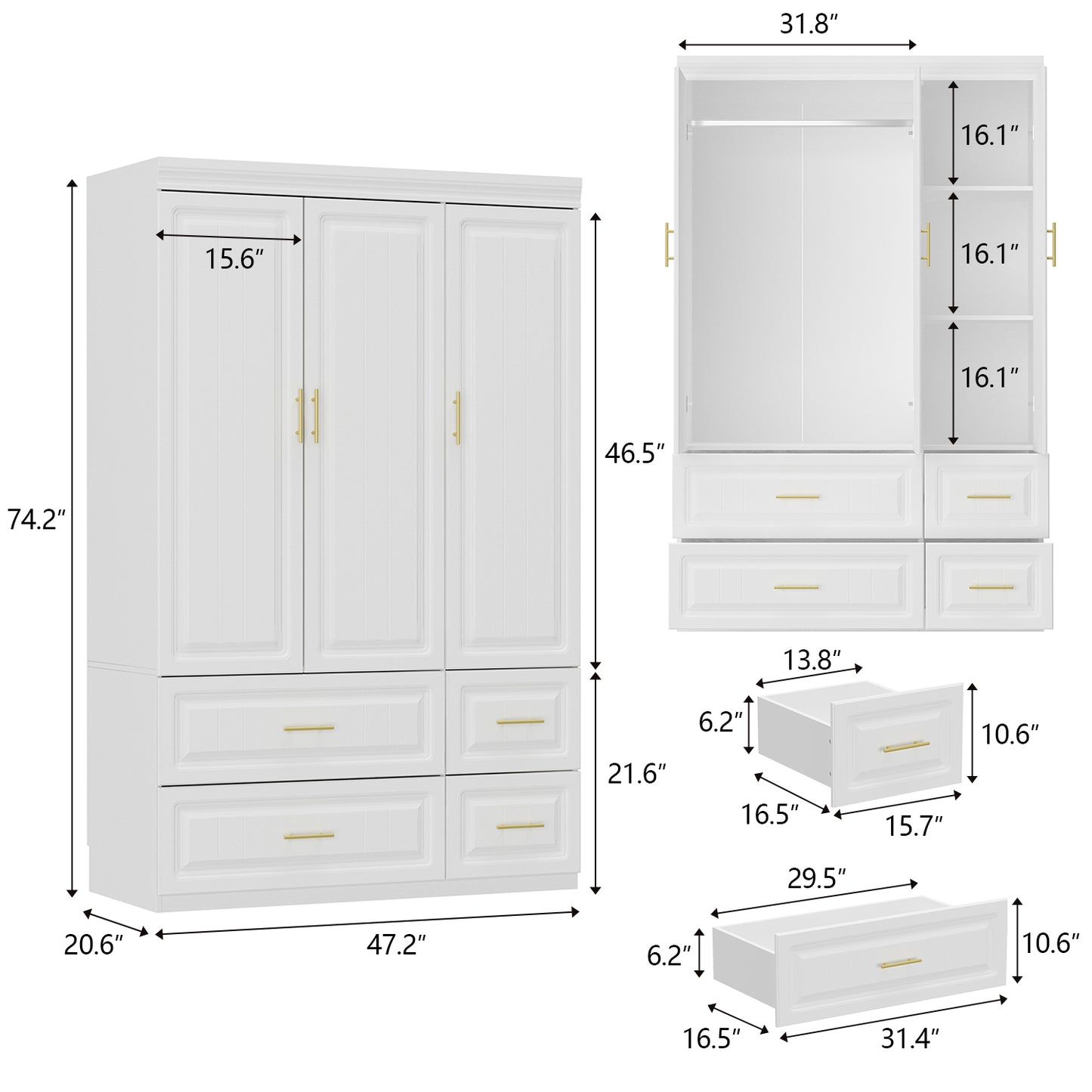 Oxylife Wardrobe Armoire Closet with 4 Drawers and Clothing Rod for Bedroom in White