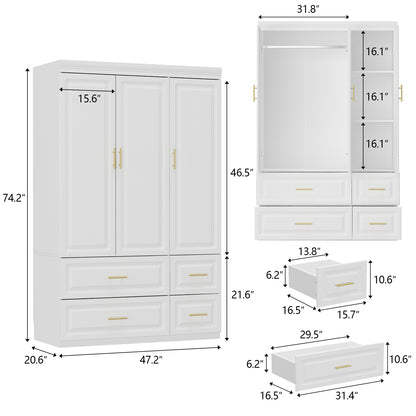 Oxylife Wardrobe Armoire Closet with 4 Drawers and Clothing Rod for Bedroom in White