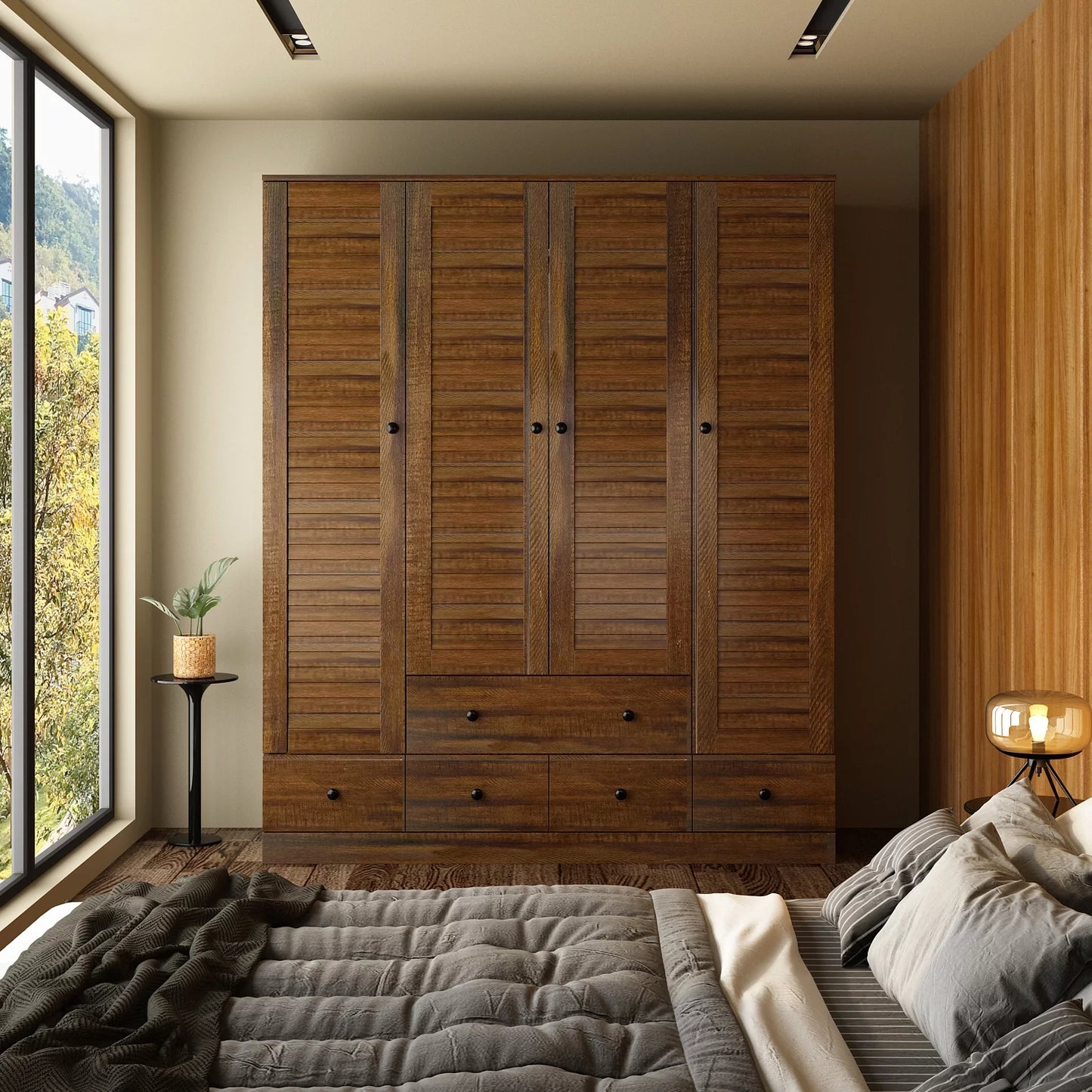 OXYLIFE Wardrobe Armorie with Shutter Door, Closet Storage Cabinet and 5 Drawers and Hanging Rod for Bedroom, Walnut