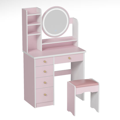 Oxylife Vanity Set with Lighted Mirror, Girls Makeup Vanity Table with 5 Drawers, Shelves and Stool, Pink