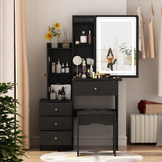 Oxylife Modern Makeup Vanity Table Set Organizer Dressing Desk with Light Mirror, 5 Drawers, Storage Shelves and Cushioned Stool (Black)