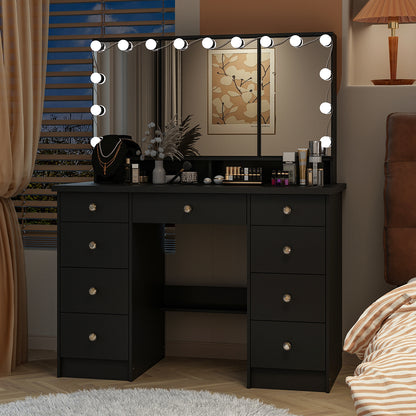 OXYLIFE Makeup Vanity Desk with Mirror and 3 Color Lights and 9 Drawers for Bedroom, Black
