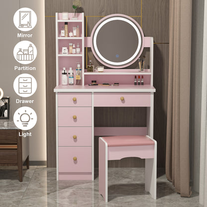 Oxylife Vanity Set with Lighted Mirror, Girls Makeup Vanity Table with 5 Drawers, Shelves and Stool, Pink