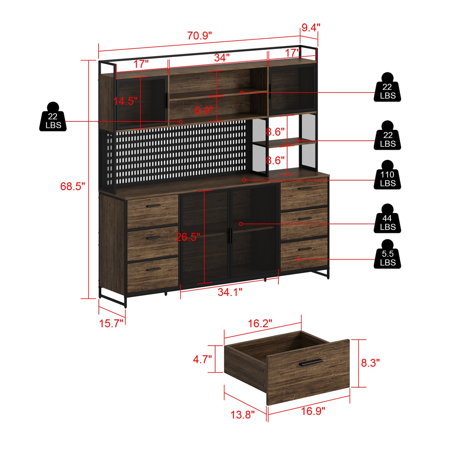 OXYLIFE Kitchen Food Pantry Storage Cabinet with 6 Shelves, 6 Drawers, DIY Board and Mesh Doors for Kitchen, Brown