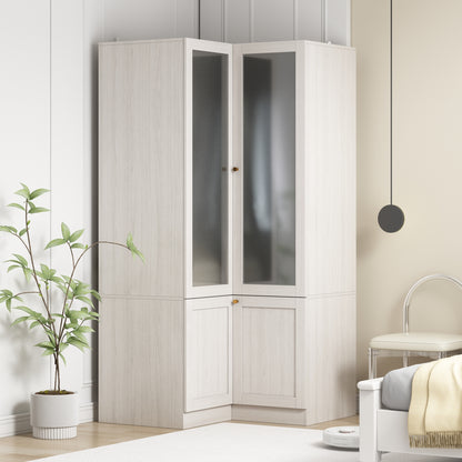 Oxylife 70.9 inch Corner L Shaped Clothing Armoire Wardrobe Closet with 2 Frosted Glass Doors, Hanging Rod and Drawers for Bedroom