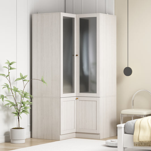 Oxylife 70.9 inch Corner L Shaped Clothing Armoire Wardrobe Closet with 2 Frosted Glass Doors, Hanging Rod and Drawers for Bedroom