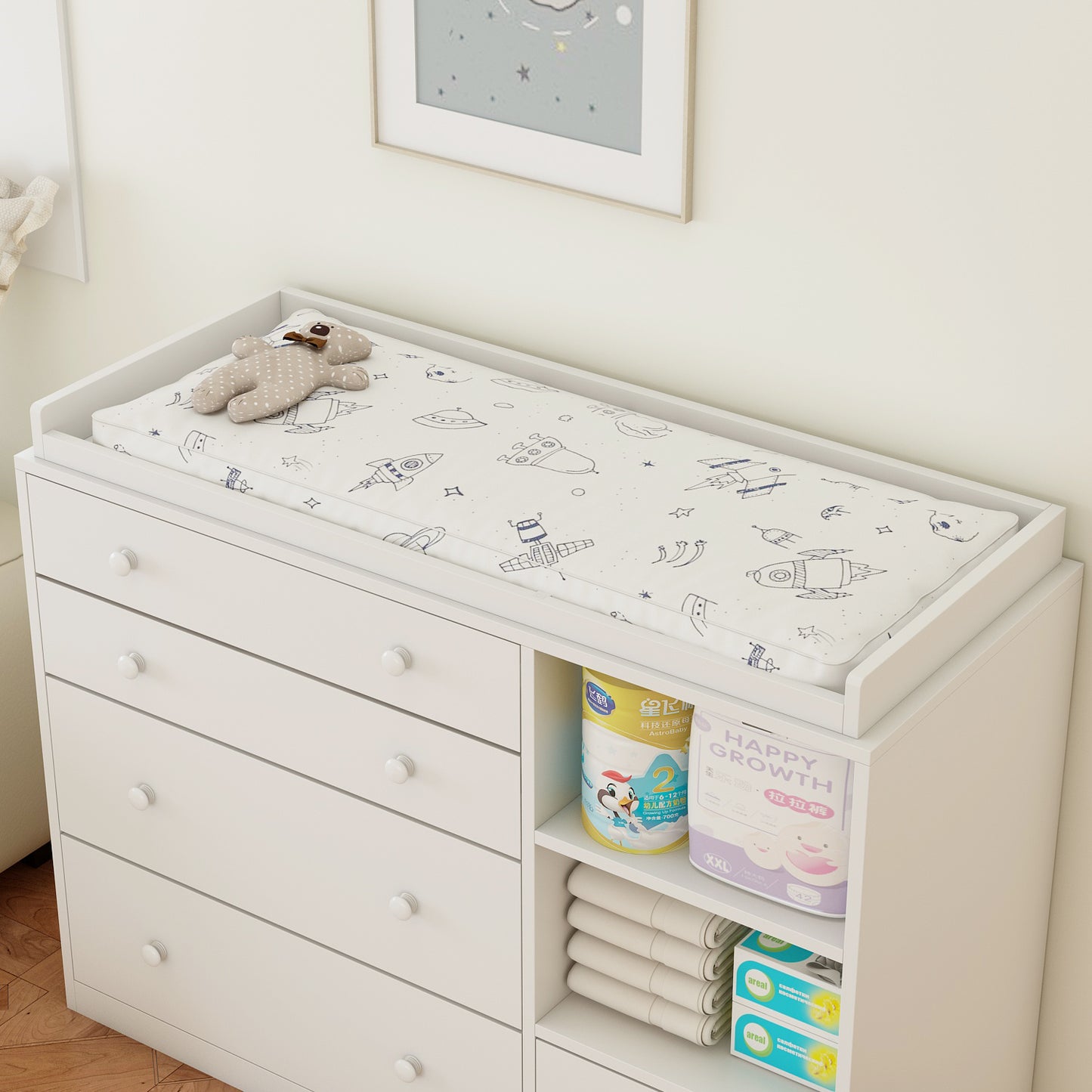 OXYLIFE Baby Changing Table Dresser Nursery Chest with Storage,5 Drawers&2 Shelves,White