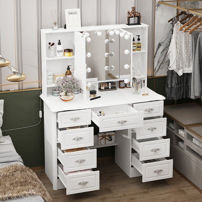 Oxylife Vanity Desk with Lighted Mirror, Makeup Dressing Table with 9 Drawer and Drawer Divier for Bedroom