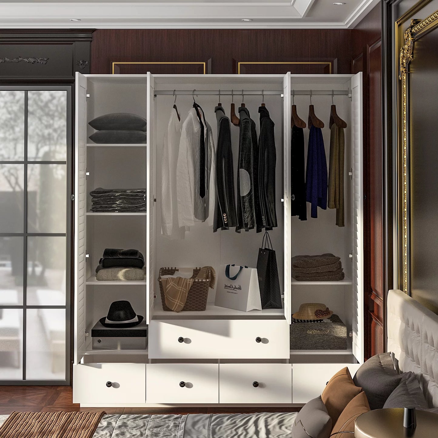 Hitow Wardrobe Armorie with Shutter Door, Closet Storage Cabinet and 5 Drawers and Hanging Rod for Bedroom, White