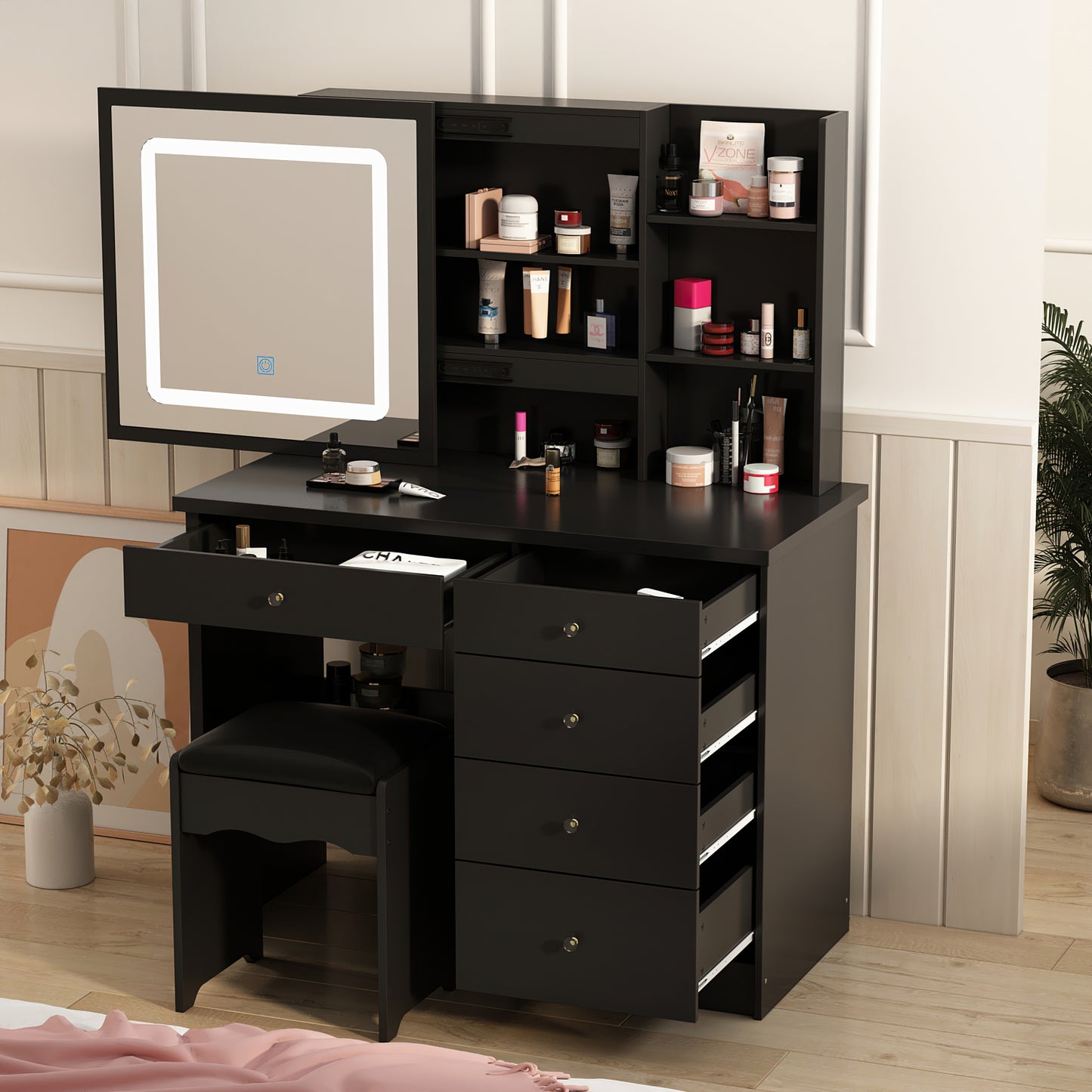 Oxylife Makeup Vanity Table Set with Sliding Lighted Mirror, 5 Drawers and Storage Shelves, Dressing Table Desk with Stool,Black