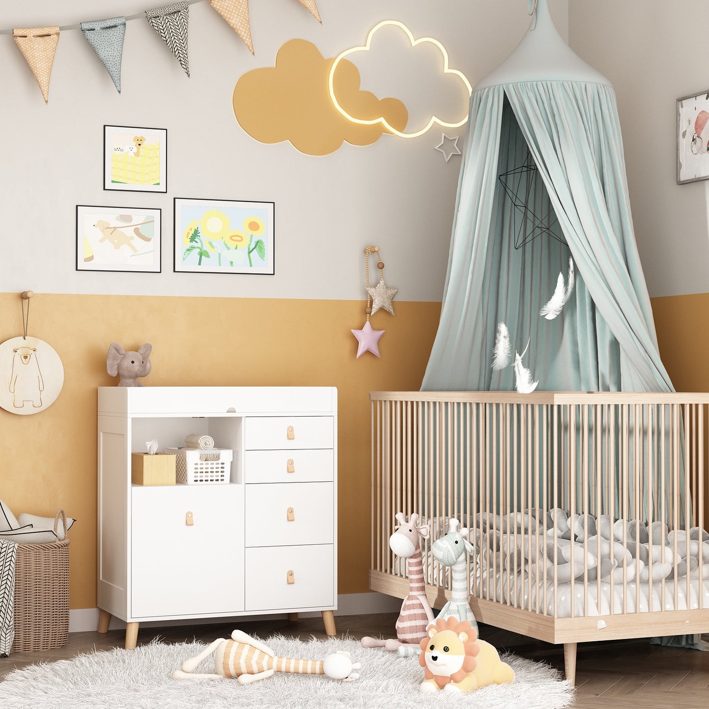 OXYLIFE 33.5" Baby Changing Table Nursery Dresser with 5 Drawers and Raised Feet, Shelf and Trash Can Storage for Nursery Room, White