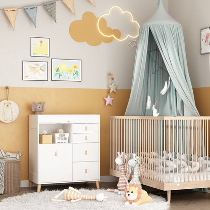 OXYLIFE 33.5" Baby Changing Table Nursery Dresser with 5 Drawers and Raised Feet, Shelf and Trash Can Storage for Nursery Room, White