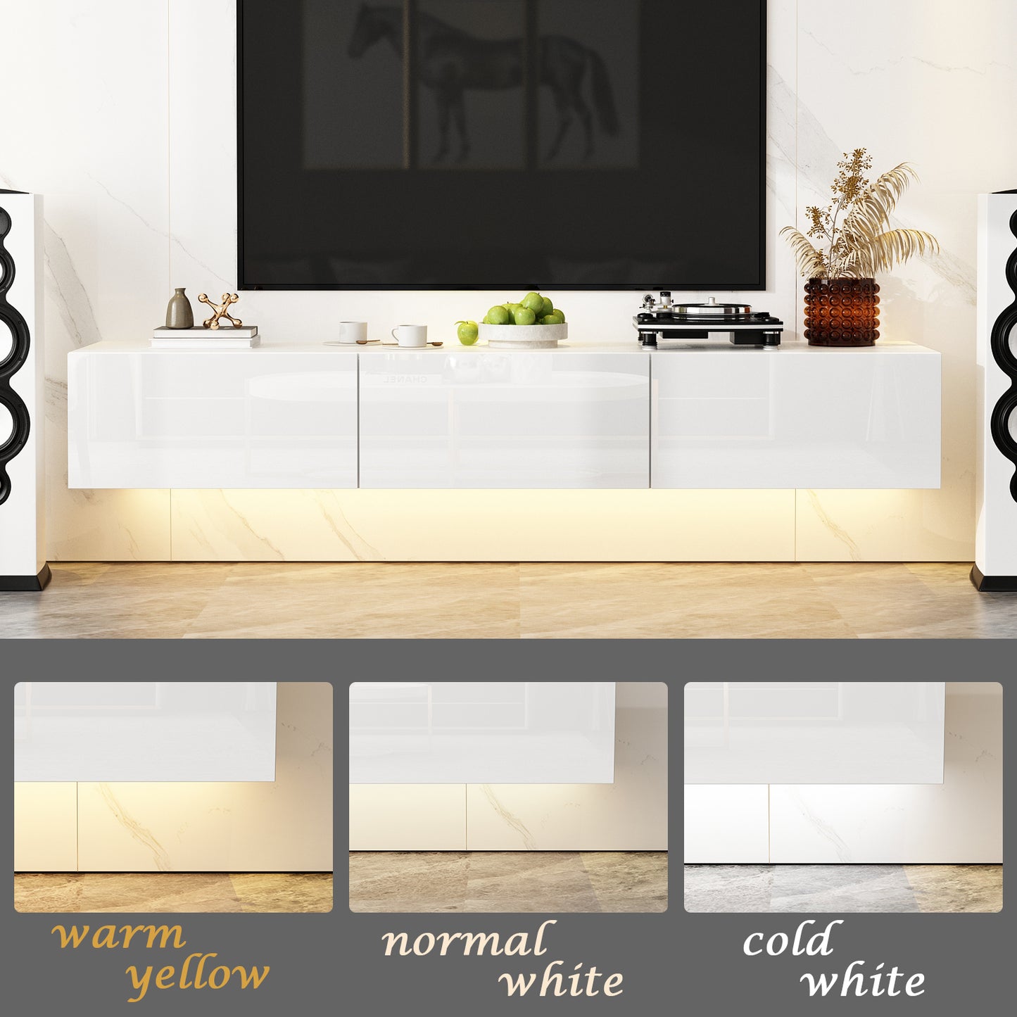 OXYLIFE Floating LED TV Stand with Drawers, Wall Mounted Entertainment Center with Storage and LED Light, White